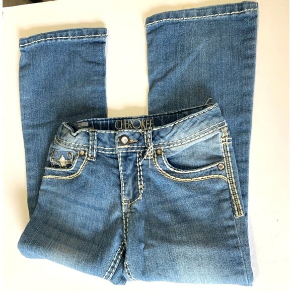 Y2k Cherokee Girls 6 thick White Stitching Bootcut Jeans Sequin Embelllished Poc - Picture 2 of 4